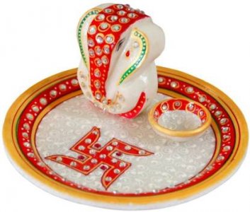 Marble Puja Thali with Ganesha/Handcrafted Product/Festival Gift